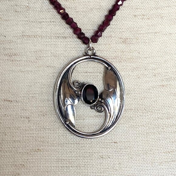 Sterling Silver 925 Beaded Oval Art Nouveau Style Garnet Pendant Necklace 18" - Picture 14 of 16